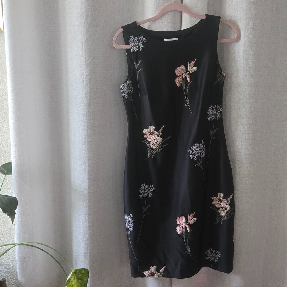 Black Satin Shift Dress – Floral Embroidery, Size 4